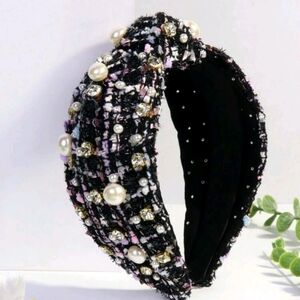 NWOT Top Knot Tweed Black with Pearls and Rhinestones Soft Headband